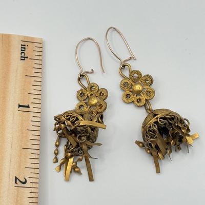 LOT 77J: Vintage Jewelry - Pierced Drop Earrings, Large Filigree Ring (7.5), “Pearl” Pendant & More Rings (4 & 7)