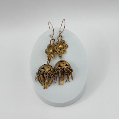 LOT 77J: Vintage Jewelry - Pierced Drop Earrings, Large Filigree Ring (7.5), “Pearl” Pendant & More Rings (4 & 7)