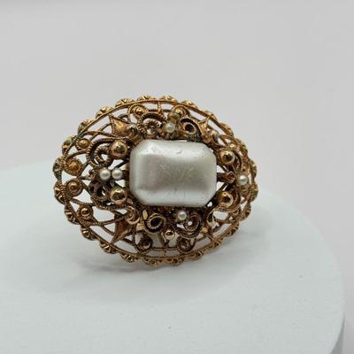 LOT 77J: Vintage Jewelry - Pierced Drop Earrings, Large Filigree Ring (7.5), “Pearl” Pendant & More Rings (4 & 7)