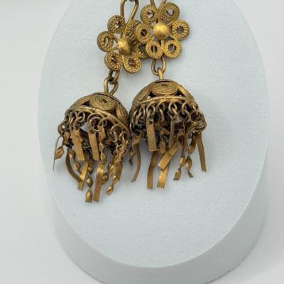 LOT 77J: Vintage Jewelry - Pierced Drop Earrings, Large Filigree Ring (7.5), “Pearl” Pendant & More Rings (4 & 7)