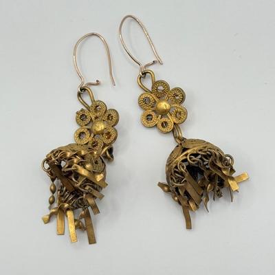 LOT 77J: Vintage Jewelry - Pierced Drop Earrings, Large Filigree Ring (7.5), “Pearl” Pendant & More Rings (4 & 7)