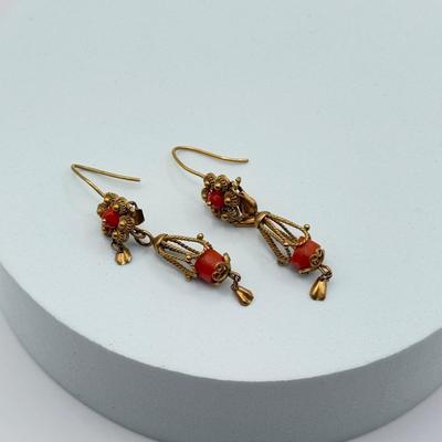 LOT 77J: Vintage Jewelry - Pierced Drop Earrings, Large Filigree Ring (7.5), “Pearl” Pendant & More Rings (4 & 7)