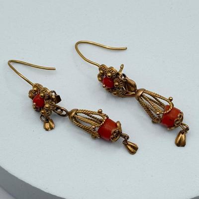 LOT 77J: Vintage Jewelry - Pierced Drop Earrings, Large Filigree Ring (7.5), “Pearl” Pendant & More Rings (4 & 7)