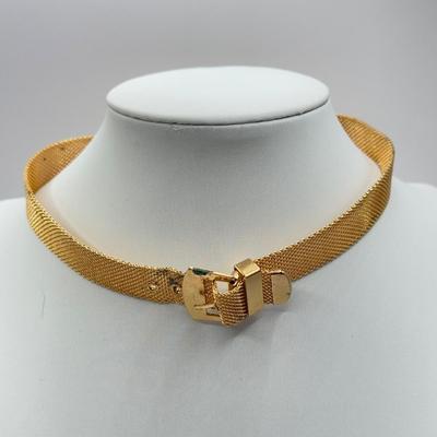 LOT 78J: Collection of Goldtone Jewelry - Collar Buckle Choker Necklaces, Size 4.5 Ring, Pins & Brooches