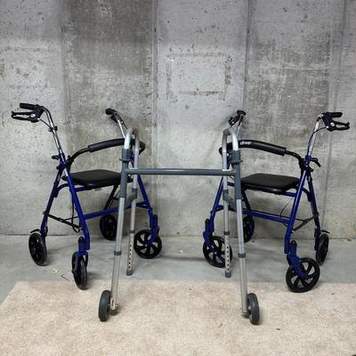 LOT 99B: 2 Drive Medical Fold Up Walkers w/ Padded Seat & More