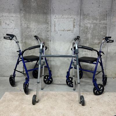 LOT 99B: 2 Drive Medical Fold Up Walkers w/ Padded Seat & More