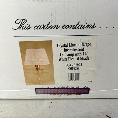 LOT 120B: Aladdin Crystal Lincoln Drape Incandescent Oil Lamp with 14” Shade w/ 4 Gallons Of Candle & Lamp Oil