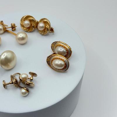LOT 132J: Vintage “Pearl” Jewelry Collection - Double Strand 15” Necklace w/ Goldtone Flower Clasp, Small Pendants, Pins & Earrings