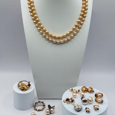 LOT 132J: Vintage “Pearl” Jewelry Collection - Double Strand 15” Necklace w/ Goldtone Flower Clasp, Small Pendants, Pins & Earrings