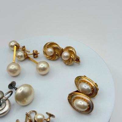 LOT 132J: Vintage “Pearl” Jewelry Collection - Double Strand 15” Necklace w/ Goldtone Flower Clasp, Small Pendants, Pins & Earrings