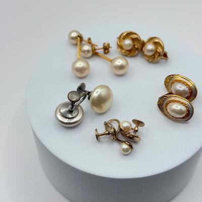 LOT 132J: Vintage “Pearl” Jewelry Collection - Double Strand 15” Necklace w/ Goldtone Flower Clasp, Small Pendants, Pins & Earrings