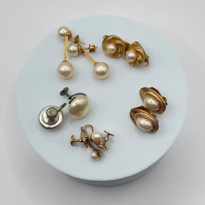 LOT 132J: Vintage “Pearl” Jewelry Collection - Double Strand 15” Necklace w/ Goldtone Flower Clasp, Small Pendants, Pins & Earrings