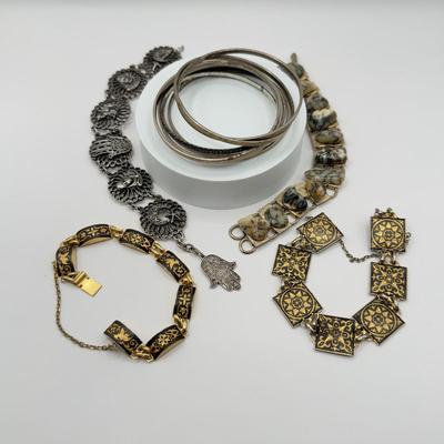 LOT 138J: Vintage Statement Bracelets & Bangles - 2 w/ Safety Chains, Maroc & More