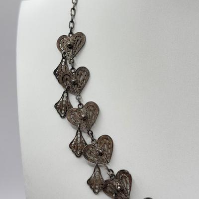LOT 140J: Beautiful Vintage Silver Filigree Necklace & Drop Screwback Earrings
