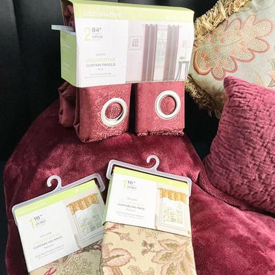 Lot U 614 NIB Two Panel “ Brick “ Curtains, NIB Two 16” Valances, Plush Throw & Two Decorative Throw Pillows