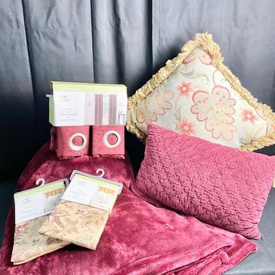 Lot U 614 NIB Two Panel “ Brick “ Curtains, NIB Two 16” Valances, Plush Throw & Two Decorative Throw Pillows