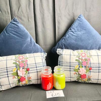PillowsLot U 615 A Pair of Navy Blue Pier 1 Throw Pillows, & A Pair of Navy/White Plaid w/Floral Pier 1 Throw Pillows, Two Candles