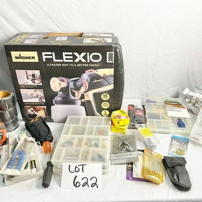 Lot W 622 NIB FLEXiO Paint Sprayer, Picture Hanger Kits, Various Small Tools and more