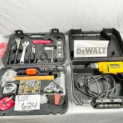 Lot W 624 DeWalt D21008 3/8” VSR Drill in Hard Case, Complete Household Tool Kit