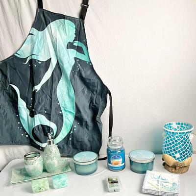 Lot V 625 Aqua Sea Glass Mosaic Dispensers, Mermaid Apron & Dishes, Mosaic Style Lamp, Candles, and Soaps