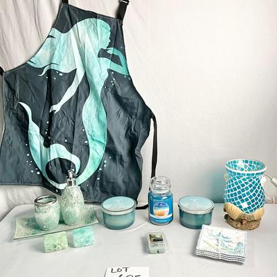 Lot V 625 Aqua Sea Glass Mosaic Dispensers, Mermaid Apron & Dishes, Mosaic Style Lamp, Candles, and Soaps