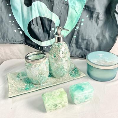 Lot V 625 Aqua Sea Glass Mosaic Dispensers, Mermaid Apron & Dishes, Mosaic Style Lamp, Candles, and Soaps