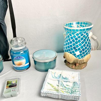 Lot V 625 Aqua Sea Glass Mosaic Dispensers, Mermaid Apron & Dishes, Mosaic Style Lamp, Candles, and Soaps