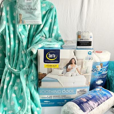 Lot V 626 NIB Serra 3” Gel Memory Foam Soothing Mattress Topper, Two My Pillows, Plush Bathrobe, Two Throws