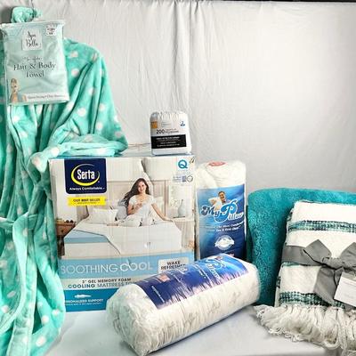 Lot V 626 NIB Serra 3” Gel Memory Foam Soothing Mattress Topper, Two My Pillows, Plush Bathrobe, Two Throws