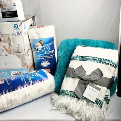 Lot V 626 NIB Serra 3” Gel Memory Foam Soothing Mattress Topper, Two My Pillows, Plush Bathrobe, Two Throws