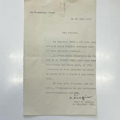 Maréchal Foch Private Secretary signed 1919 letter