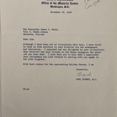 US House of Representatives Carl Albert signed letter 