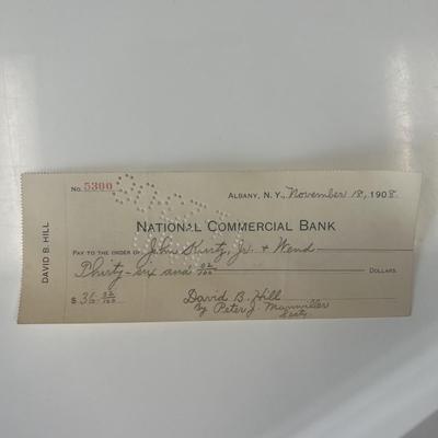 Former Governor of New York David B. Hill 1908 signed check 