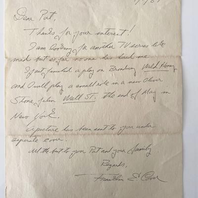 Actor Franklin Cover signed letter