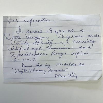 JFK assassination Sheriff Milton Wright signed note