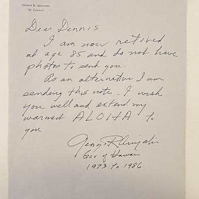 Governor of Hawaii George Ariyoshi signed letter 