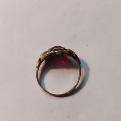 STERLING SILVER CHAIN BRACELET AND RING W/RED STONE THAT IS CHIPPED
