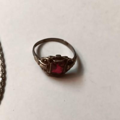 STERLING SILVER CHAIN BRACELET AND RING W/RED STONE THAT IS CHIPPED