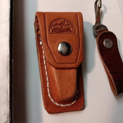 LARGE DRIED CENTIPEDE LIKE INSECT, PHOTO WALLET, POCKET WATCH CHAIN AND LEATHER KNIFE SHEATH