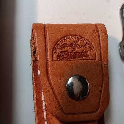 LARGE DRIED CENTIPEDE LIKE INSECT, PHOTO WALLET, POCKET WATCH CHAIN AND LEATHER KNIFE SHEATH