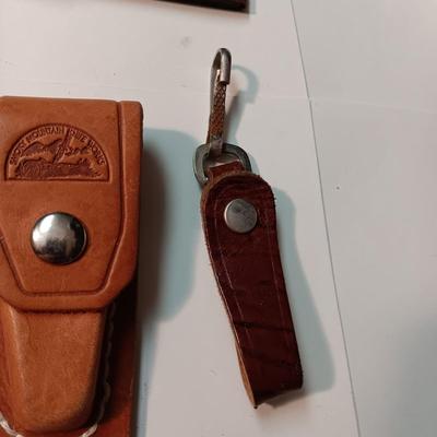 LARGE DRIED CENTIPEDE LIKE INSECT, PHOTO WALLET, POCKET WATCH CHAIN AND LEATHER KNIFE SHEATH