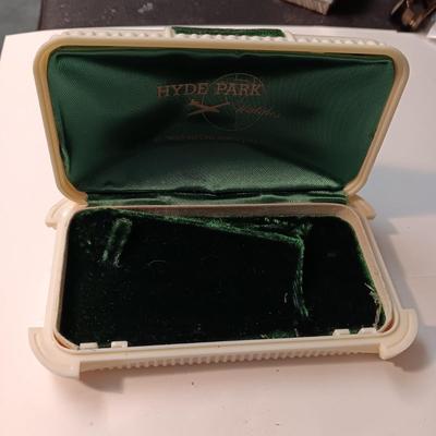 LIKE NEW SHEAFFER FOUNTAIN PEN AND PENCIL PLUS OLD JEWELRY BOX WITH VELVET BAND AND INTERIOR