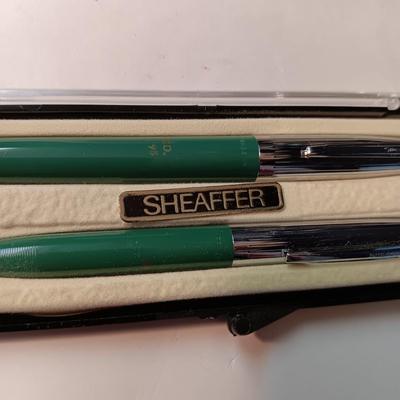 LIKE NEW SHEAFFER FOUNTAIN PEN AND PENCIL PLUS OLD JEWELRY BOX WITH VELVET BAND AND INTERIOR