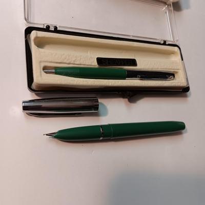 LIKE NEW SHEAFFER FOUNTAIN PEN AND PENCIL PLUS OLD JEWELRY BOX WITH VELVET BAND AND INTERIOR