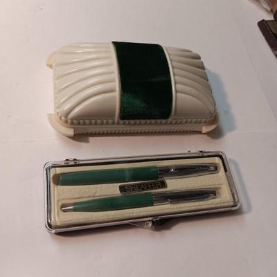 LIKE NEW SHEAFFER FOUNTAIN PEN AND PENCIL PLUS OLD JEWELRY BOX WITH VELVET BAND AND INTERIOR