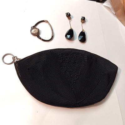 VINTAGE WEAVED CLOTH CLUTCH PURSE, MILOS WATCH AND CRYSTAL EARRINGS