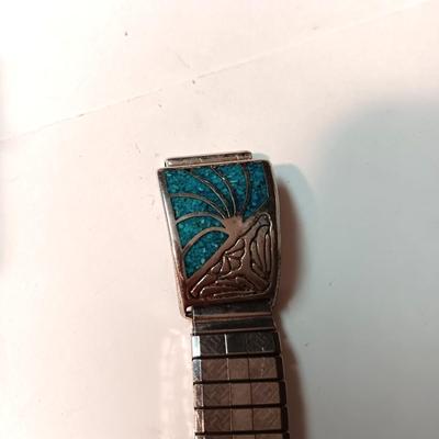 TURQUOISE AND STERLING RING, SILVER TONE BRACELET AND WATCH BAND
