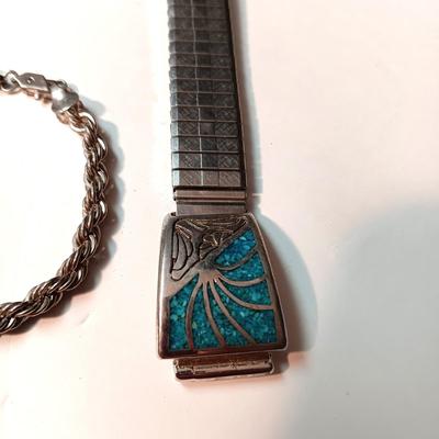 TURQUOISE AND STERLING RING, SILVER TONE BRACELET AND WATCH BAND