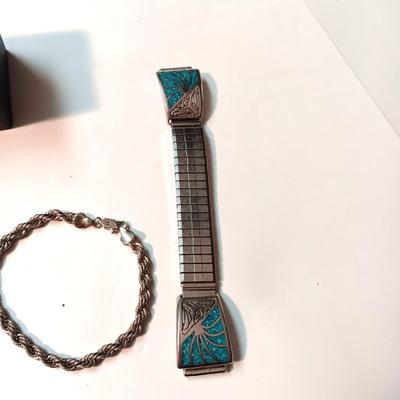 TURQUOISE AND STERLING RING, SILVER TONE BRACELET AND WATCH BAND