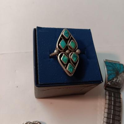 TURQUOISE AND STERLING RING, SILVER TONE BRACELET AND WATCH BAND